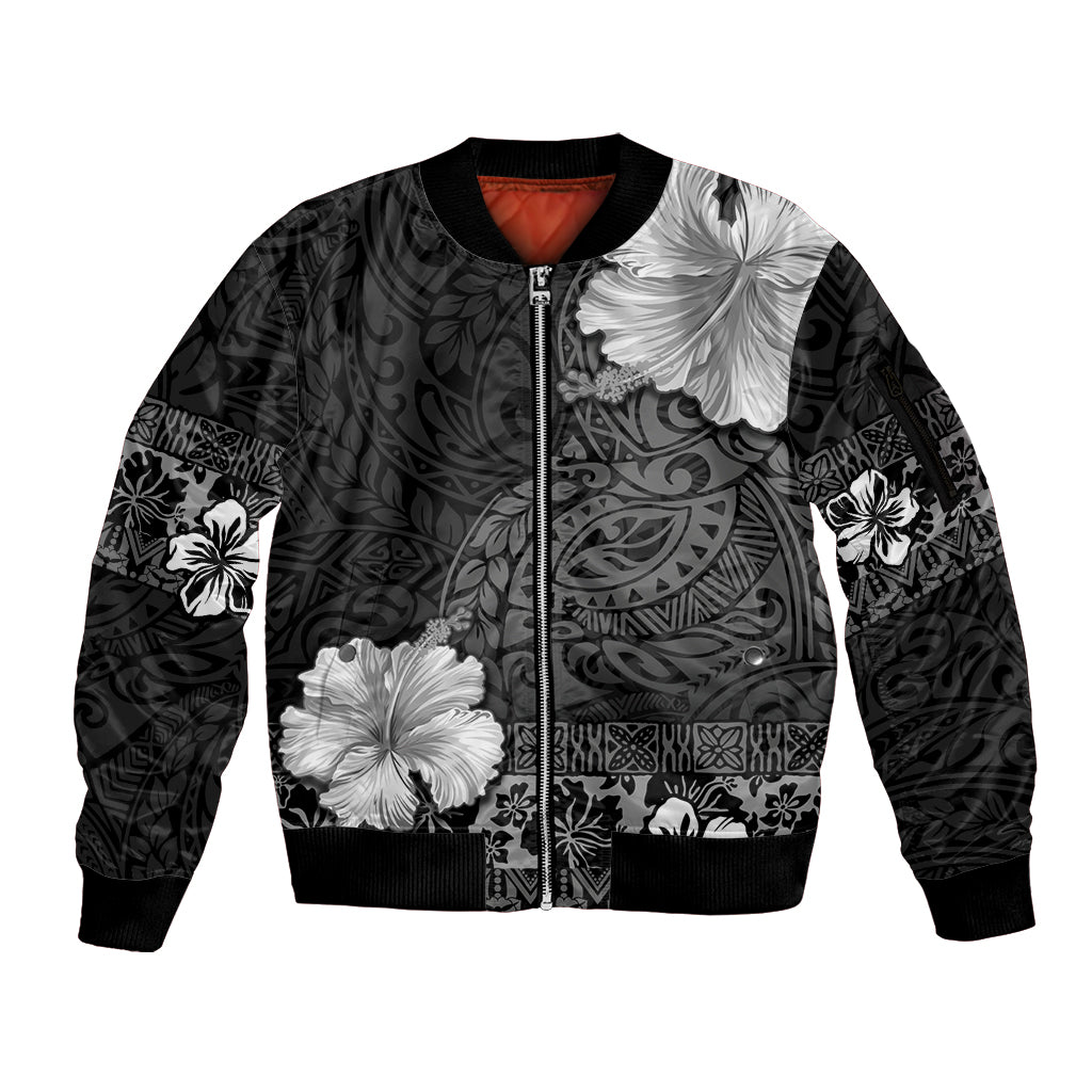 Hawaii Hibiscus With Black Polynesian Pattern Sleeve Zip Bomber Jacket LT05 Unisex Black - Polynesian Pride