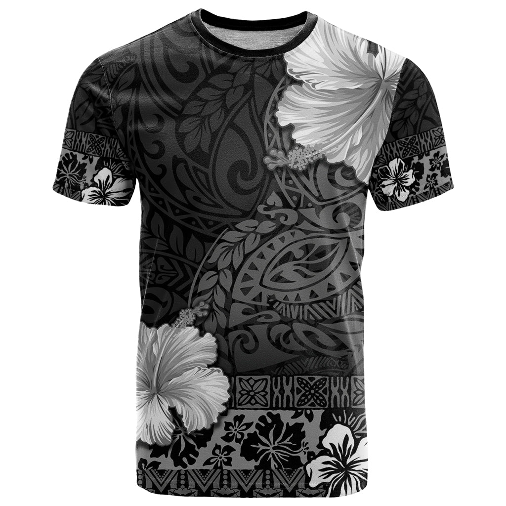 Hawaii Hibiscus With Black Polynesian Pattern T Shirt LT05 Black - Polynesian Pride