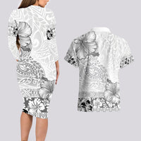 Hawaii Hibiscus With White Polynesian Pattern Couples Matching Long Sleeve Bodycon Dress and Hawaiian Shirt