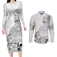Hawaii Hibiscus With White Polynesian Pattern Couples Matching Long Sleeve Bodycon Dress and Long Sleeve Button Shirt