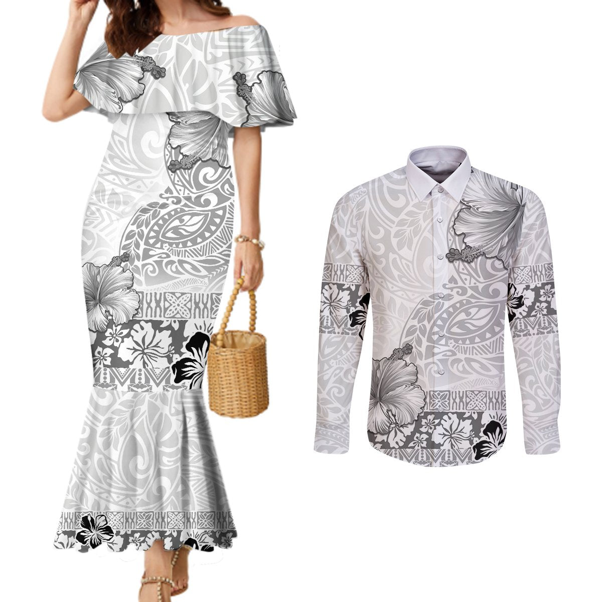 Hawaii Hibiscus With White Polynesian Pattern Couples Matching Mermaid Dress and Long Sleeve Button Shirt