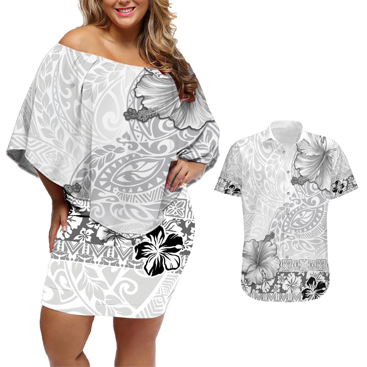 Hawaii Hibiscus With White Polynesian Pattern Couples Matching Off Shoulder Short Dress and Hawaiian Shirt