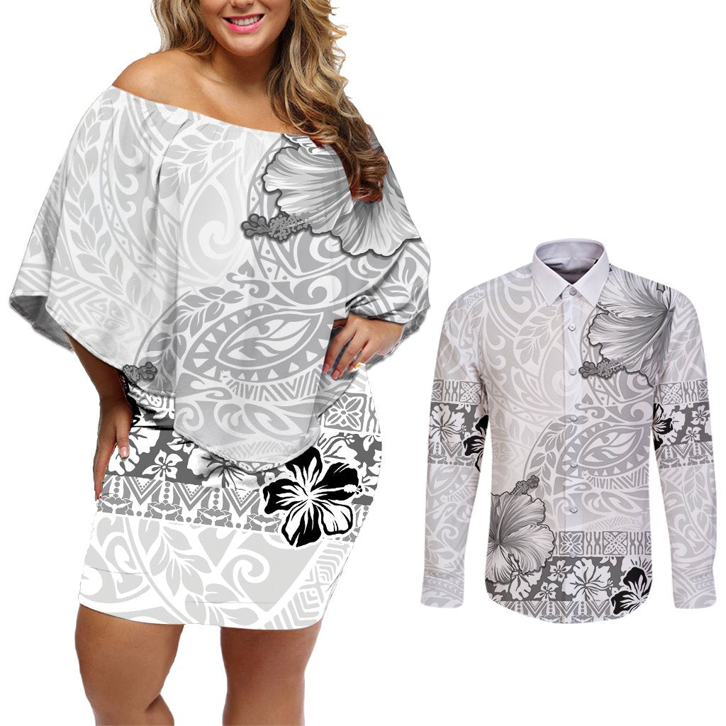 Hawaii Hibiscus With White Polynesian Pattern Couples Matching Off Shoulder Short Dress and Long Sleeve Button Shirt