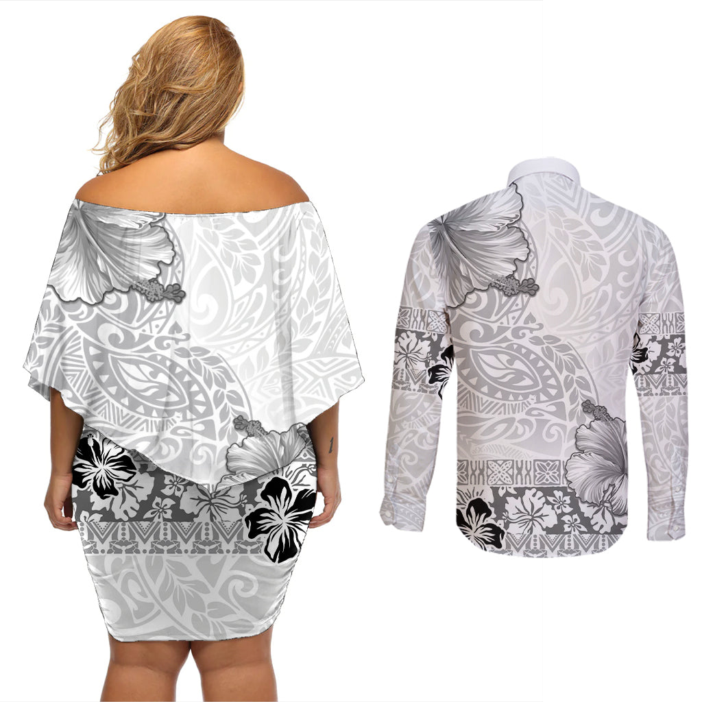Hawaii Hibiscus With White Polynesian Pattern Couples Matching Off Shoulder Short Dress and Long Sleeve Button Shirt