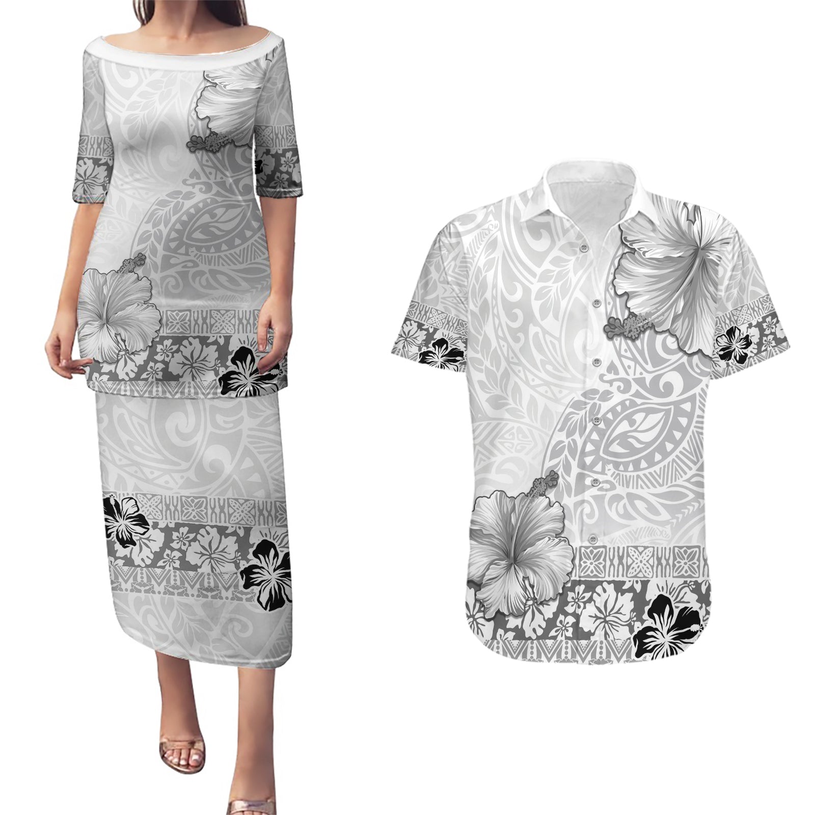 Hawaii Hibiscus With White Polynesian Pattern Couples Matching Puletasi and Hawaiian Shirt