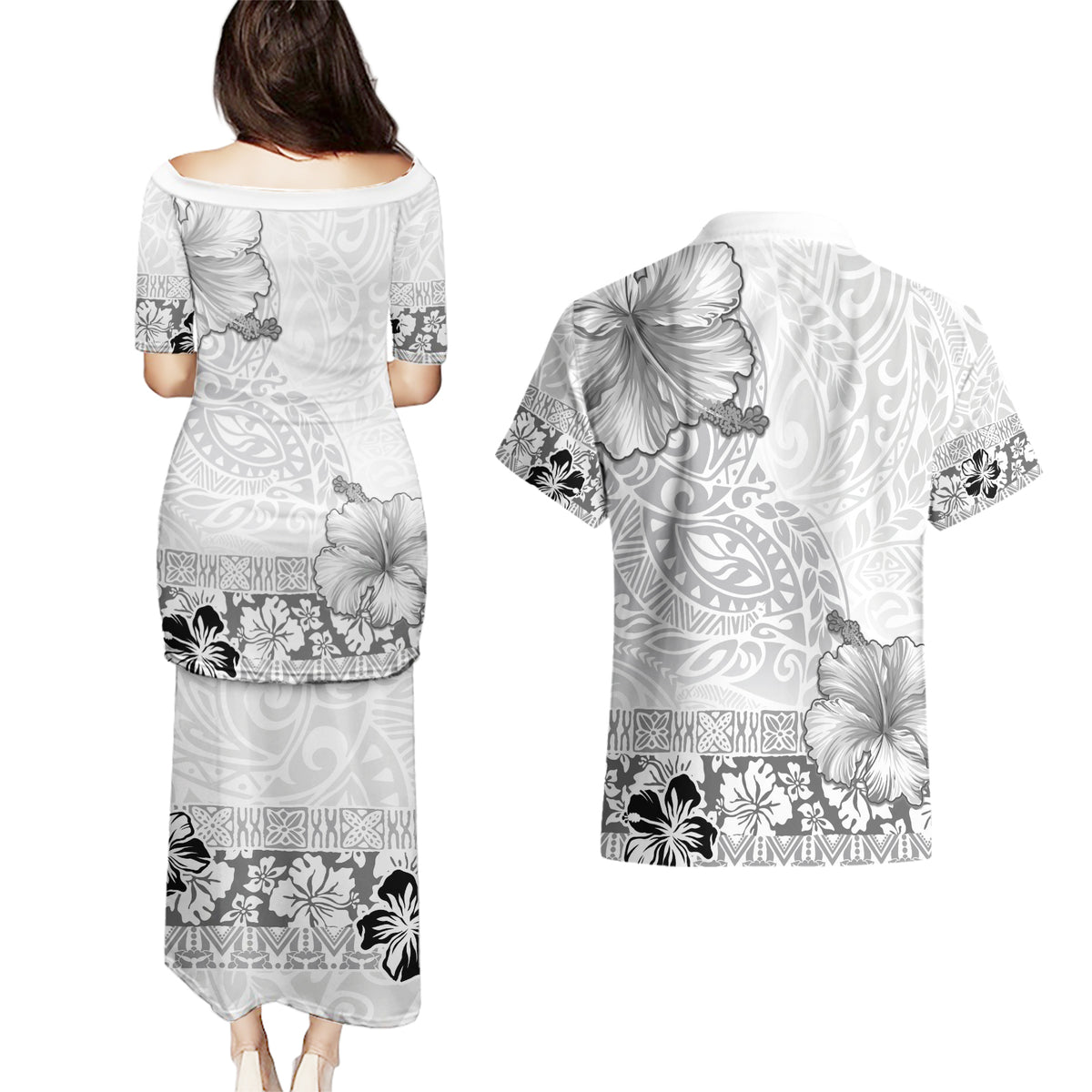 Hawaii Hibiscus With White Polynesian Pattern Couples Matching Puletasi and Hawaiian Shirt