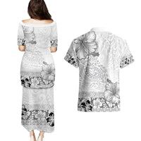 Hawaii Hibiscus With White Polynesian Pattern Couples Matching Puletasi and Hawaiian Shirt