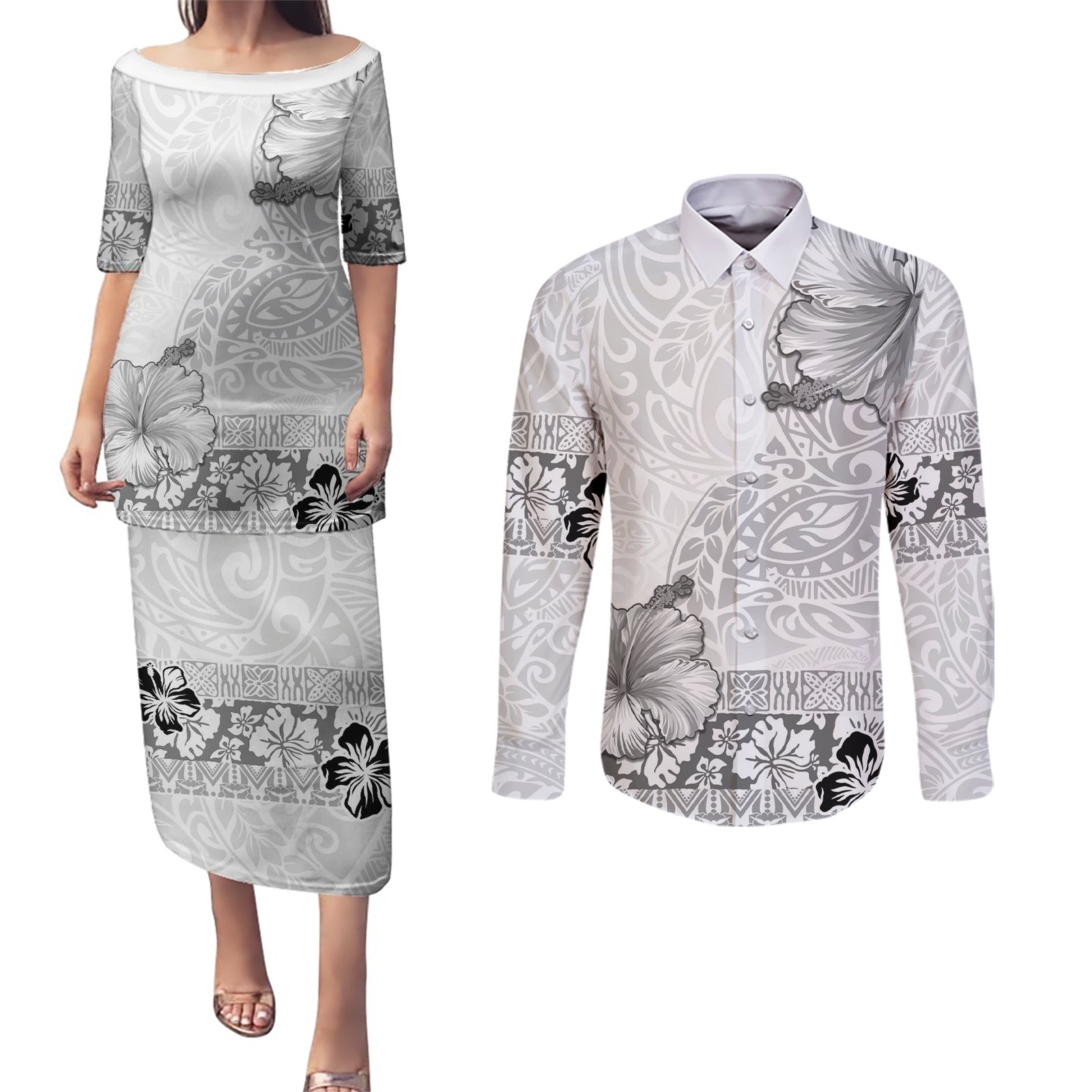Hawaii Hibiscus With White Polynesian Pattern Couples Matching Puletasi and Long Sleeve Button Shirt