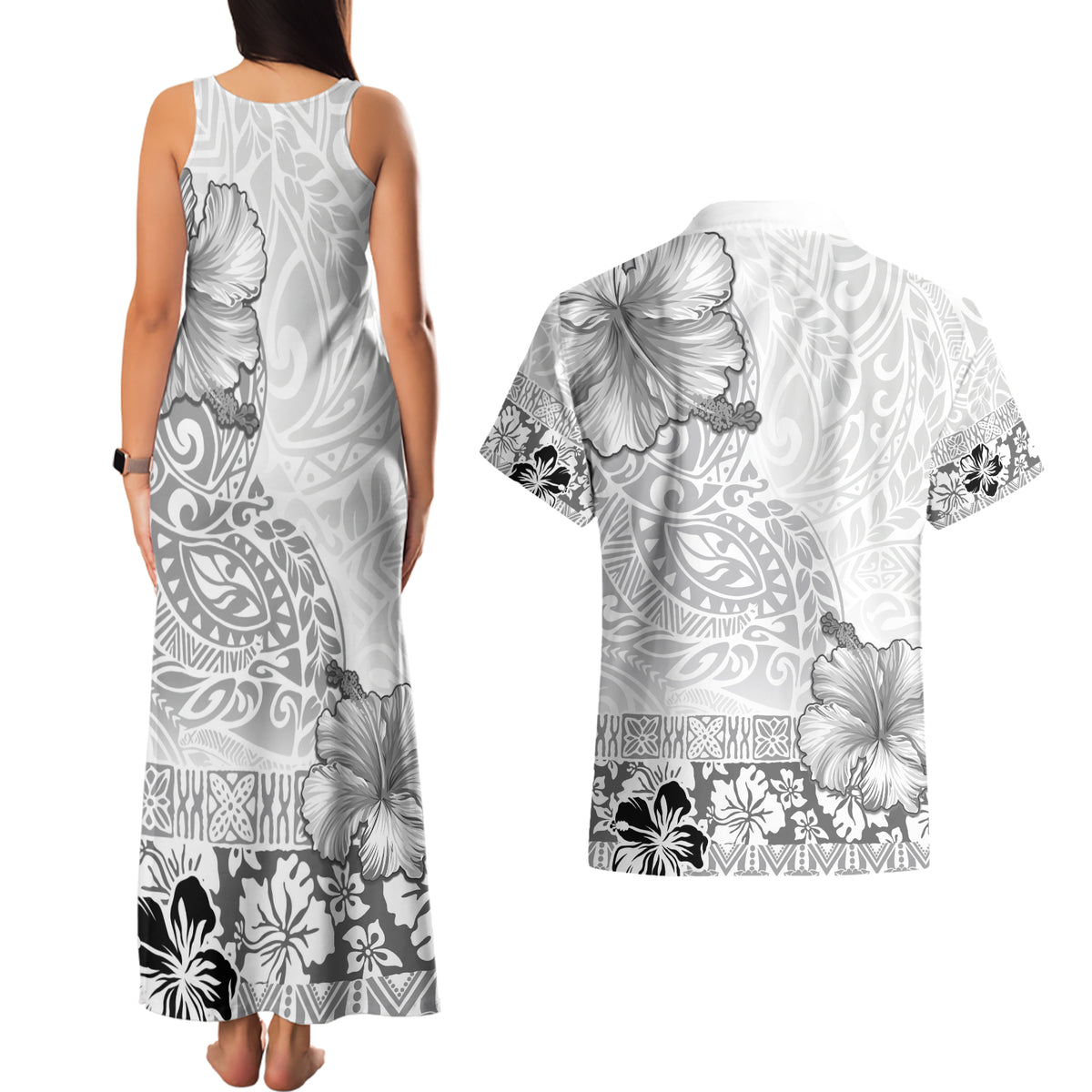 Hawaii Hibiscus With White Polynesian Pattern Couples Matching Tank Maxi Dress and Hawaiian Shirt