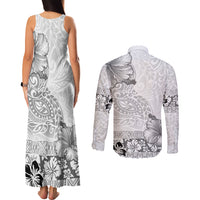 Hawaii Hibiscus With White Polynesian Pattern Couples Matching Tank Maxi Dress and Long Sleeve Button Shirt