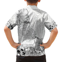 Hawaii Hibiscus With White Polynesian Pattern Family Matching Off Shoulder Short Dress and Hawaiian Shirt
