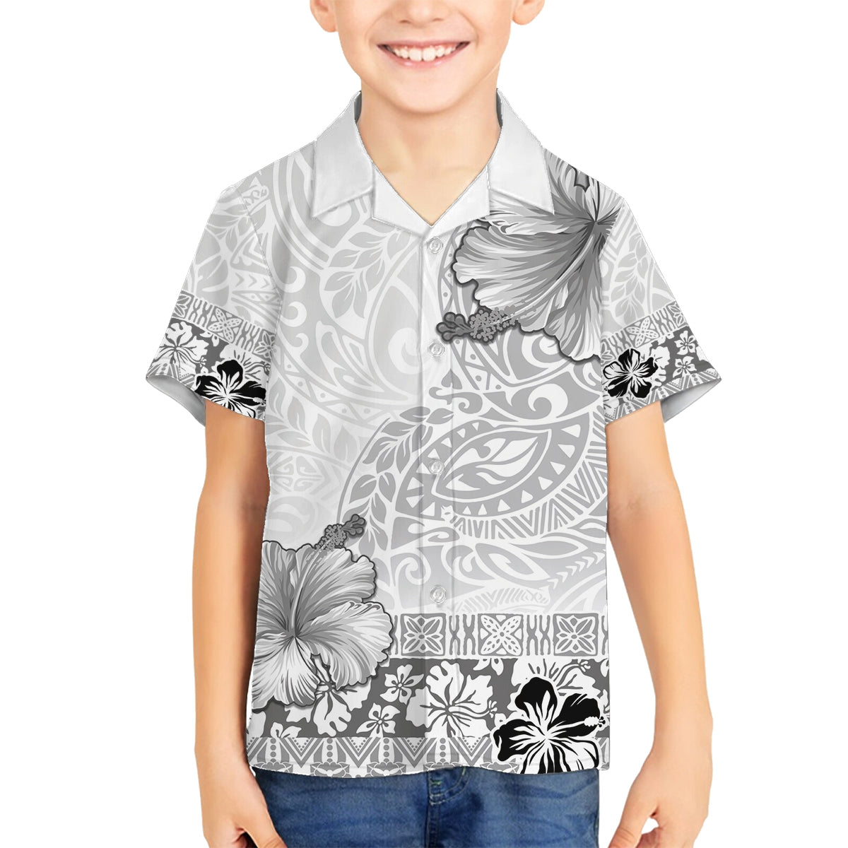 Hawaii Hibiscus With White Polynesian Pattern Family Matching Off Shoulder Short Dress and Hawaiian Shirt