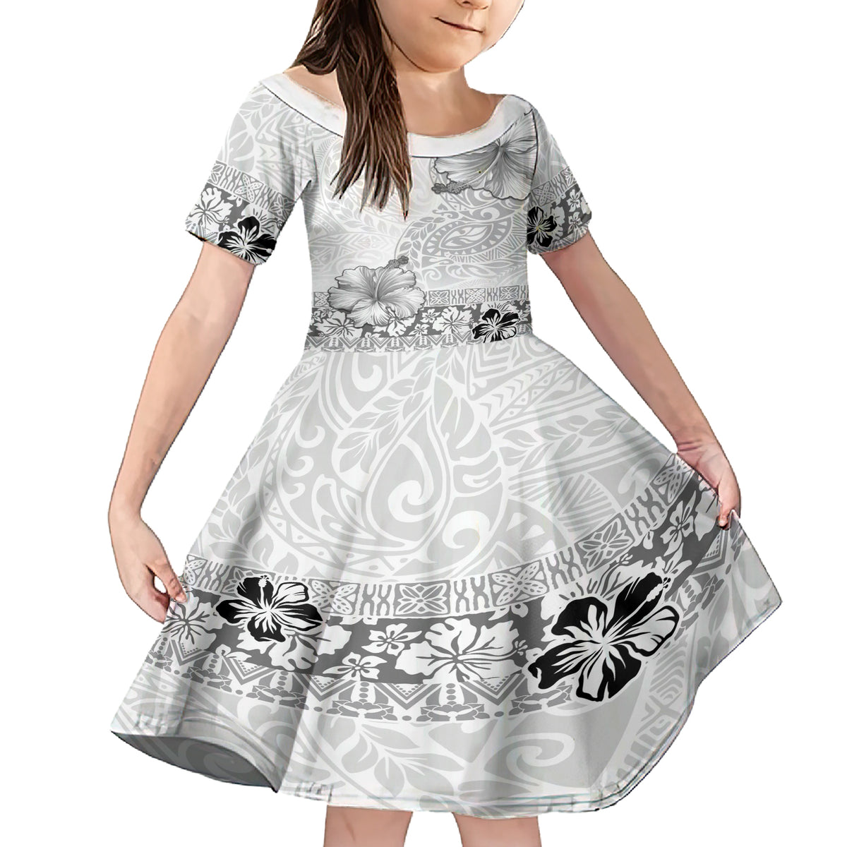 Hawaii Hibiscus With White Polynesian Pattern Family Matching Short Sleeve Bodycon Dress and Hawaiian Shirt LT05 Daughter's Dress White - Polynesian Pride