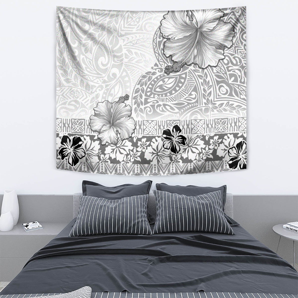 Hawaii Hibiscus With White Polynesian Pattern Tapestry