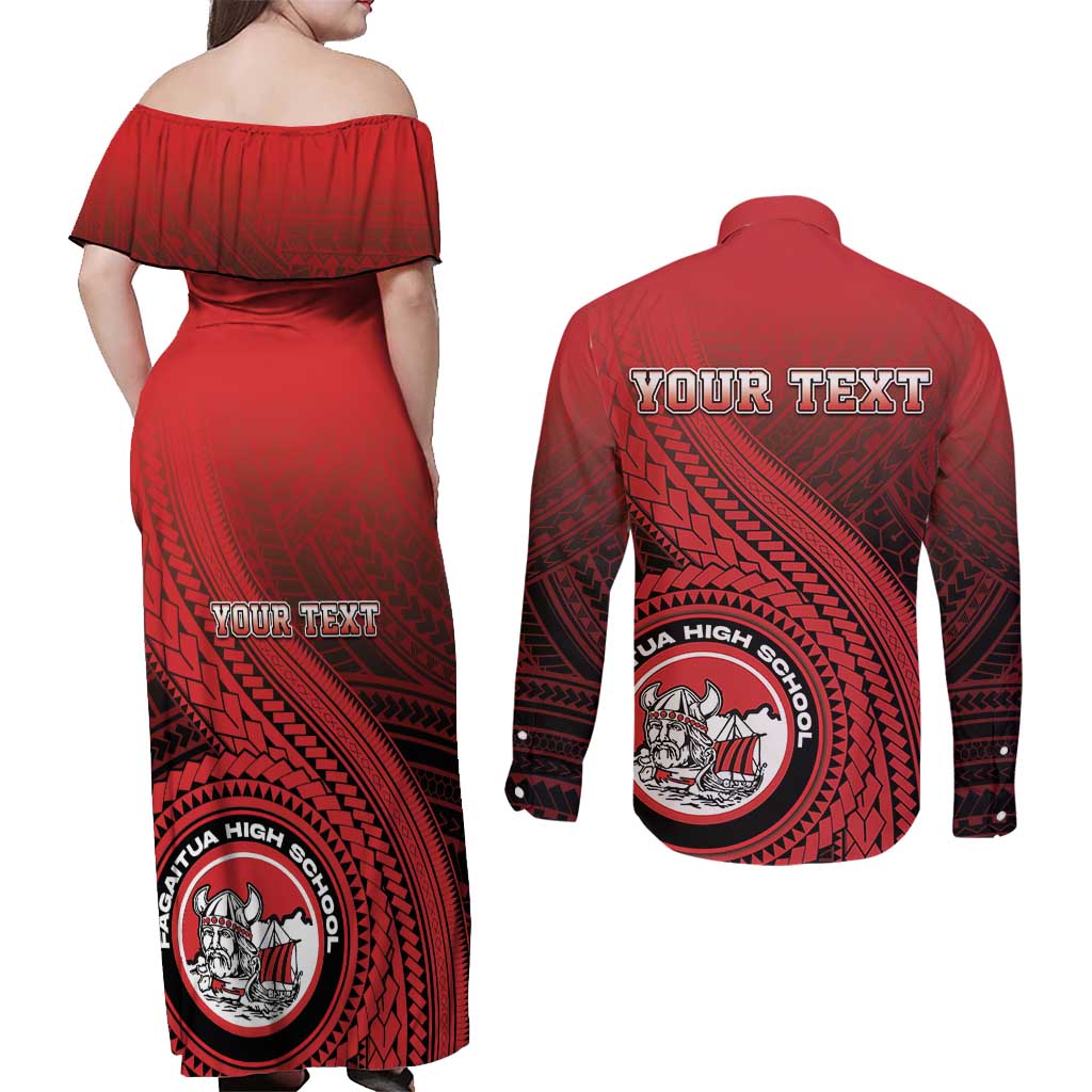 Personalized Fagaitua High School Couples Matching Off Shoulder Maxi Dress and Long Sleeve Button Shirt Polynesian Tribal Pattern