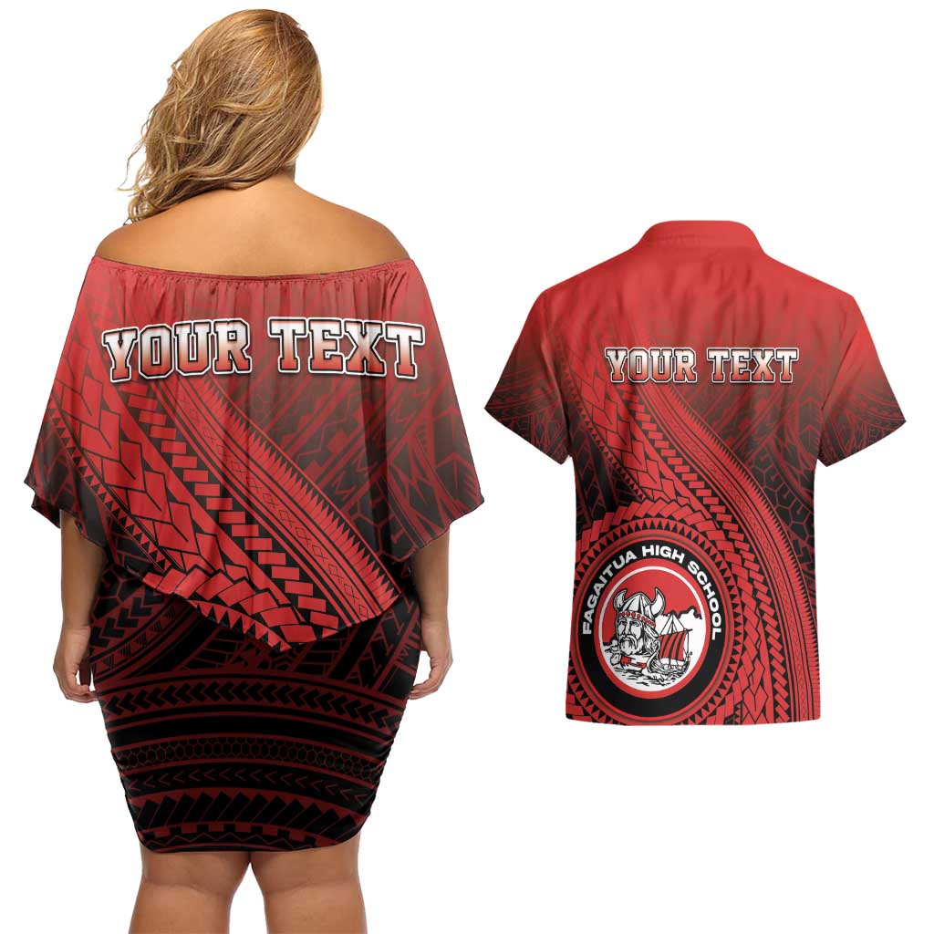 Personalized Fagaitua High School Couples Matching Off Shoulder Short Dress and Hawaiian Shirt Polynesian Tribal Pattern