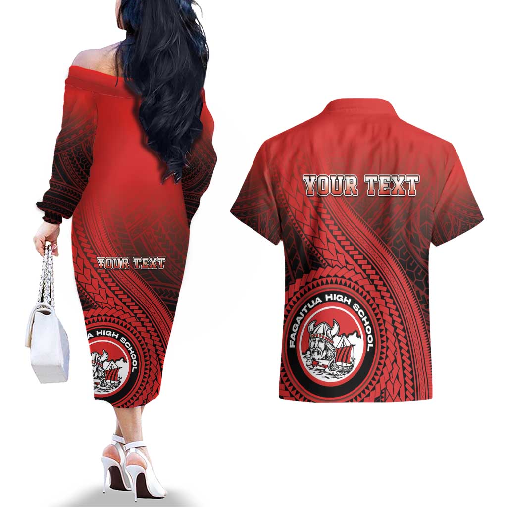 Personalized Fagaitua High School Couples Matching Off The Shoulder Long Sleeve Dress and Hawaiian Shirt Polynesian Tribal Pattern