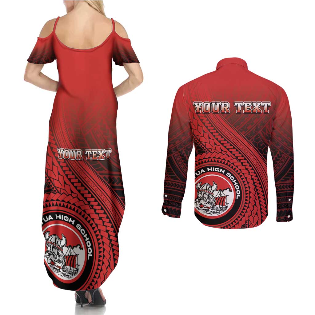 Personalized Fagaitua High School Couples Matching Summer Maxi Dress and Long Sleeve Button Shirt Polynesian Tribal Pattern