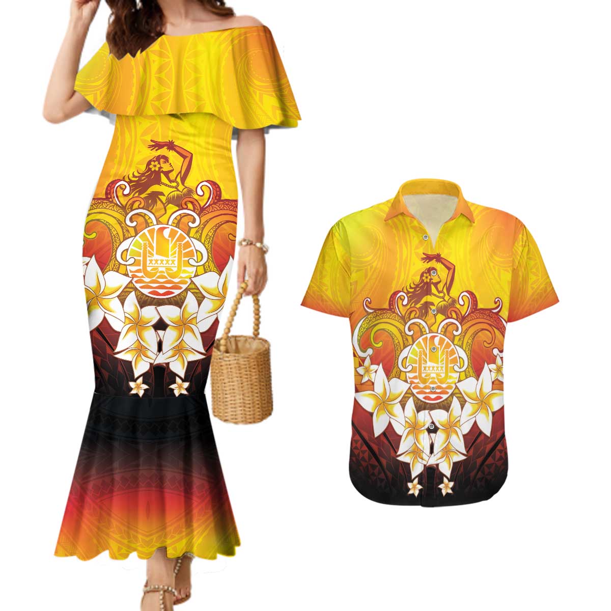 Tahiti Heiva Festival Couples Matching Mermaid Dress and Hawaiian Shirt Tahitian Vahine Plumeria Flowers LT05 Yellow - Polynesian Pride