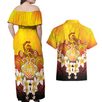 Tahiti Heiva Festival Couples Matching Off Shoulder Maxi Dress and Hawaiian Shirt Tahitian Vahine Plumeria Flowers LT05 - Polynesian Pride