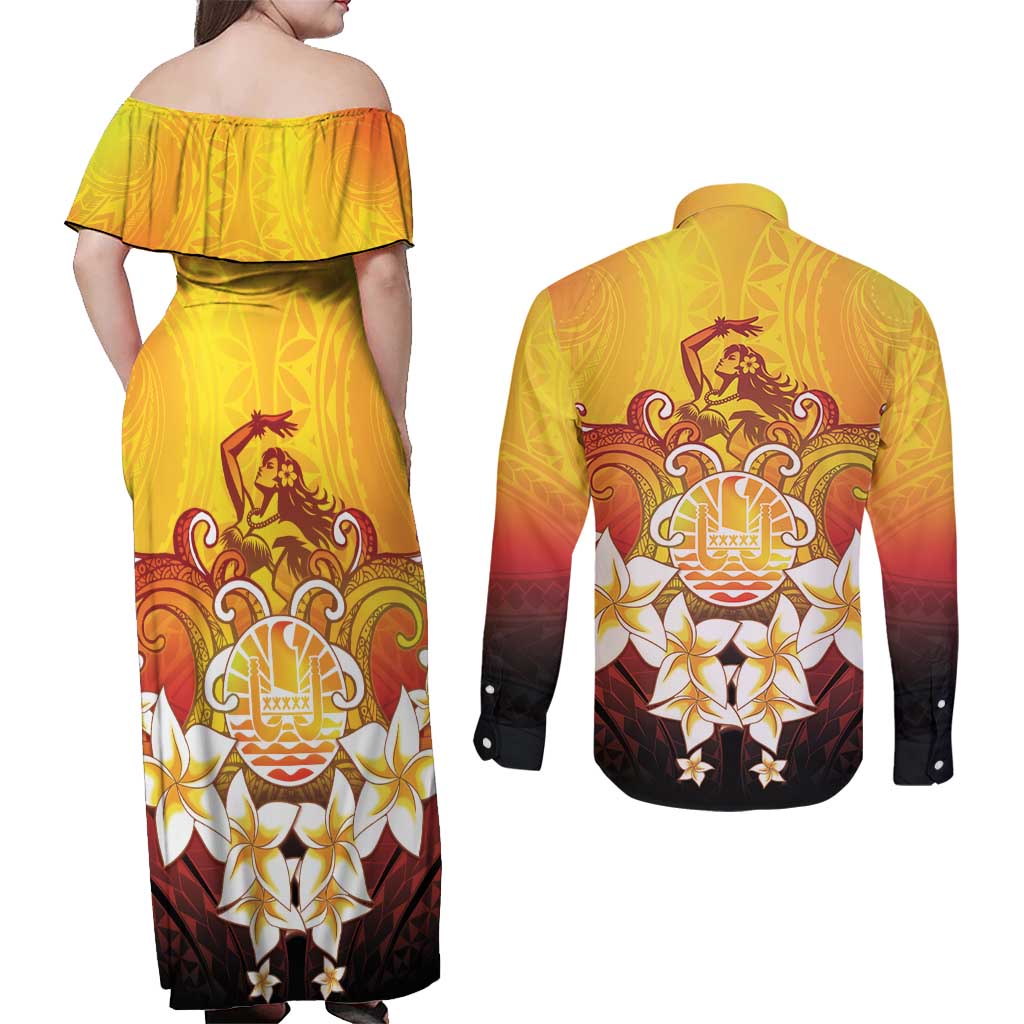 Tahiti Heiva Festival Couples Matching Off Shoulder Maxi Dress and Long Sleeve Button Shirt Tahitian Vahine Plumeria Flowers LT05 - Polynesian Pride