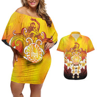 Tahiti Heiva Festival Couples Matching Off Shoulder Short Dress and Hawaiian Shirt Tahitian Vahine Plumeria Flowers LT05 Yellow - Polynesian Pride
