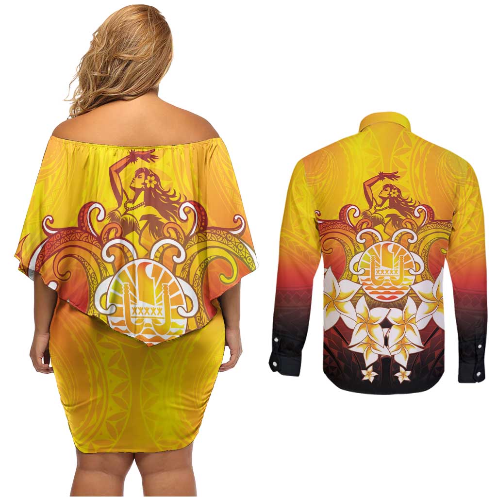 Tahiti Heiva Festival Couples Matching Off Shoulder Short Dress and Long Sleeve Button Shirt Tahitian Vahine Plumeria Flowers LT05 - Polynesian Pride
