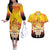 Tahiti Heiva Festival Couples Matching Off The Shoulder Long Sleeve Dress and Hawaiian Shirt Tahitian Vahine Plumeria Flowers