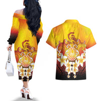 Tahiti Heiva Festival Couples Matching Off The Shoulder Long Sleeve Dress and Hawaiian Shirt Tahitian Vahine Plumeria Flowers LT05 - Polynesian Pride
