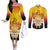 Tahiti Heiva Festival Couples Matching Off The Shoulder Long Sleeve Dress and Long Sleeve Button Shirt Tahitian Vahine Plumeria Flowers