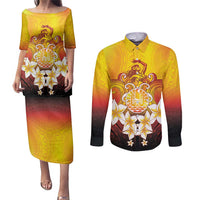 Tahiti Heiva Festival Couples Matching Puletasi and Long Sleeve Button Shirt Tahitian Vahine Plumeria Flowers LT05 Yellow - Polynesian Pride