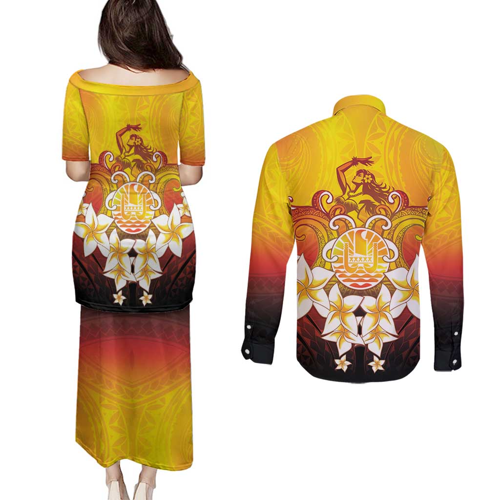 Tahiti Heiva Festival Couples Matching Puletasi and Long Sleeve Button Shirt Tahitian Vahine Plumeria Flowers LT05 - Polynesian Pride