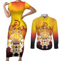 Tahiti Heiva Festival Couples Matching Short Sleeve Bodycon Dress and Long Sleeve Button Shirt Tahitian Vahine Plumeria Flowers LT05 Yellow - Polynesian Pride