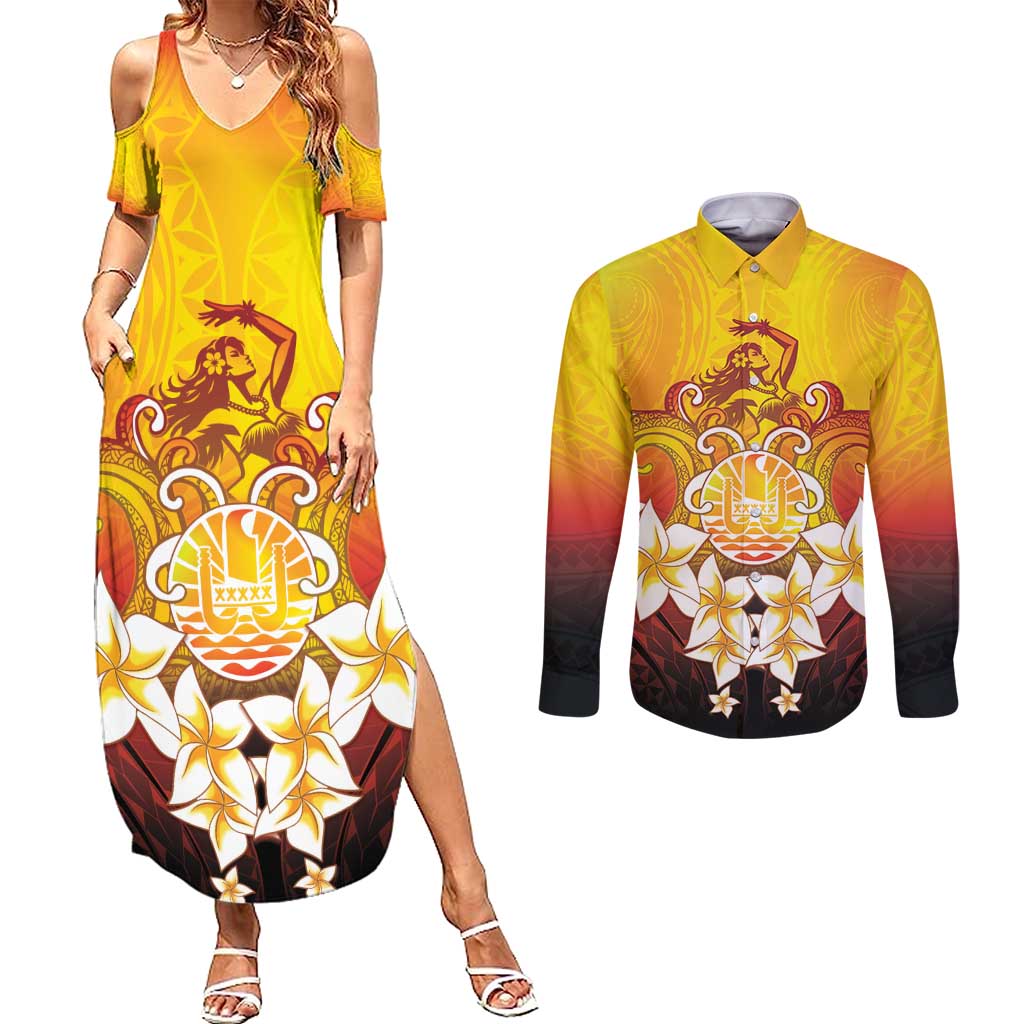 Tahiti Heiva Festival Couples Matching Summer Maxi Dress and Long Sleeve Button Shirt Tahitian Vahine Plumeria Flowers LT05 Yellow - Polynesian Pride