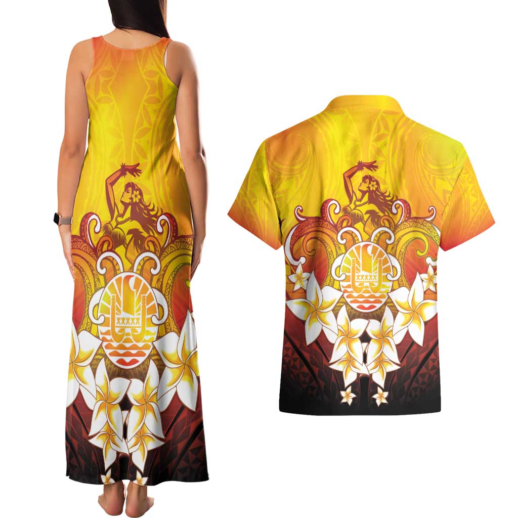 Tahiti Heiva Festival Couples Matching Tank Maxi Dress and Hawaiian Shirt Tahitian Vahine Plumeria Flowers LT05 - Polynesian Pride