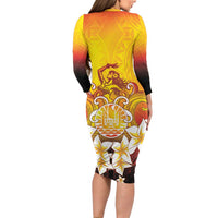 Tahiti Heiva Festival Family Matching Long Sleeve Bodycon Dress and Hawaiian Shirt Tahitian Vahine Plumeria Flowers LT05 - Polynesian Pride