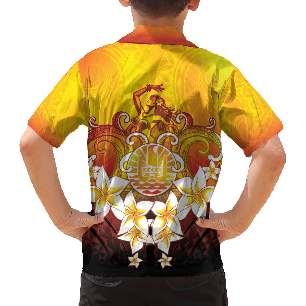 Tahiti Heiva Festival Family Matching Off The Shoulder Long Sleeve Dress and Hawaiian Shirt Tahitian Vahine Plumeria Flowers LT05 - Polynesian Pride