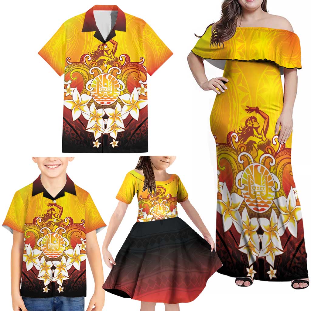 Tahiti Heiva Festival Family Matching Off Shoulder Maxi Dress and Hawaiian Shirt Tahitian Vahine Plumeria Flowers LT05 - Polynesian Pride