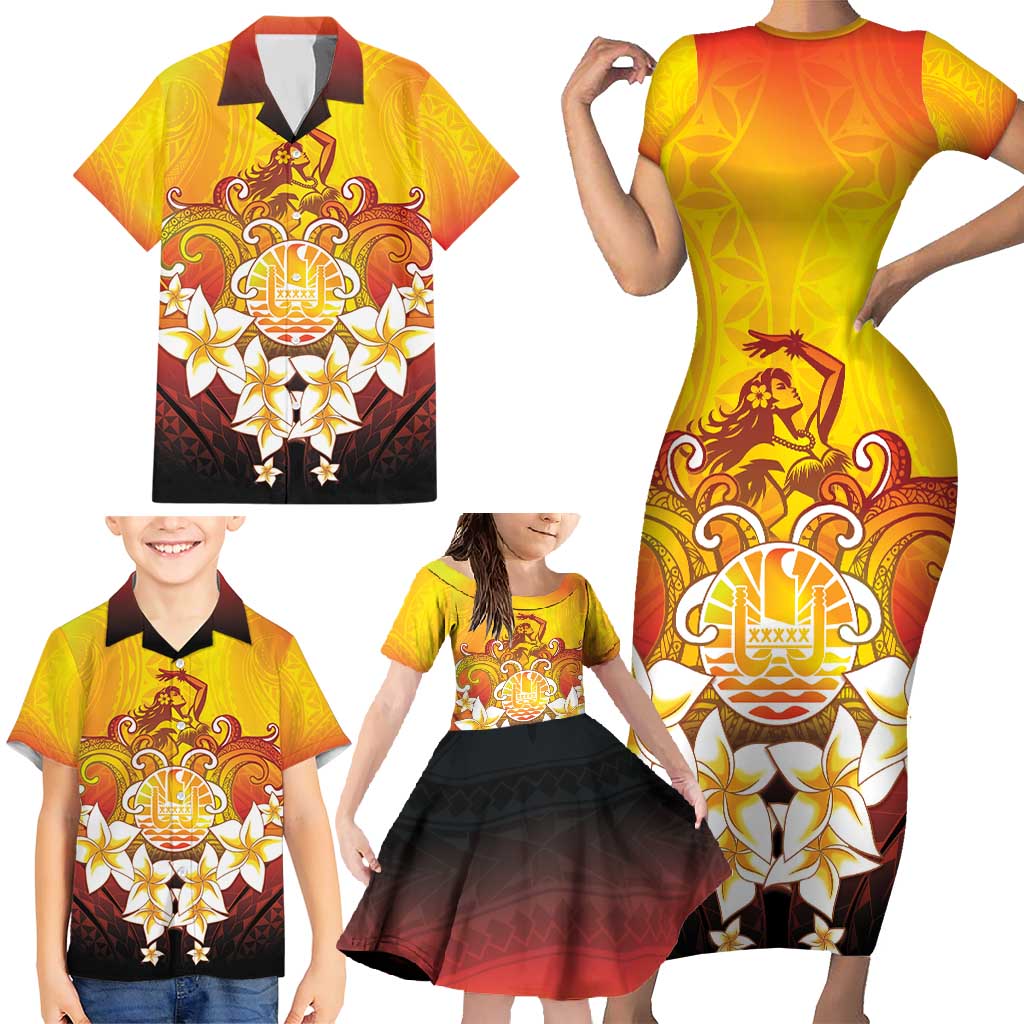 Tahiti Heiva Festival Family Matching Short Sleeve Bodycon Dress and Hawaiian Shirt Tahitian Vahine Plumeria Flowers LT05 - Polynesian Pride