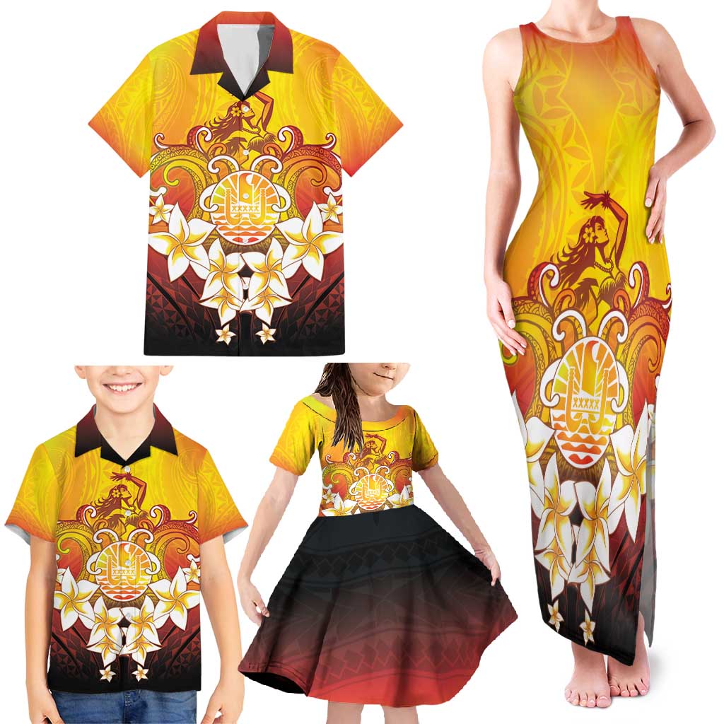 Tahiti Heiva Festival Family Matching Tank Maxi Dress and Hawaiian Shirt Tahitian Vahine Plumeria Flowers LT05 - Polynesian Pride