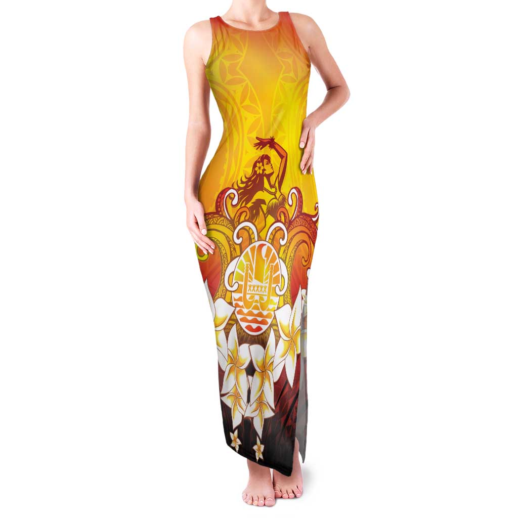 Tahiti Heiva Festival Family Matching Tank Maxi Dress and Hawaiian Shirt Tahitian Vahine Plumeria Flowers LT05 Mom's Dress Yellow - Polynesian Pride