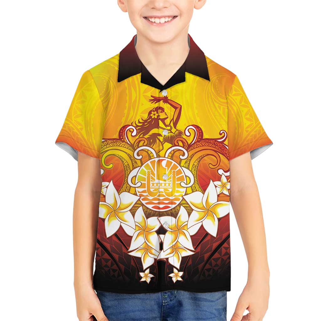 Tahiti Heiva Festival Family Matching Tank Maxi Dress and Hawaiian Shirt Tahitian Vahine Plumeria Flowers LT05 Son's Shirt Yellow - Polynesian Pride