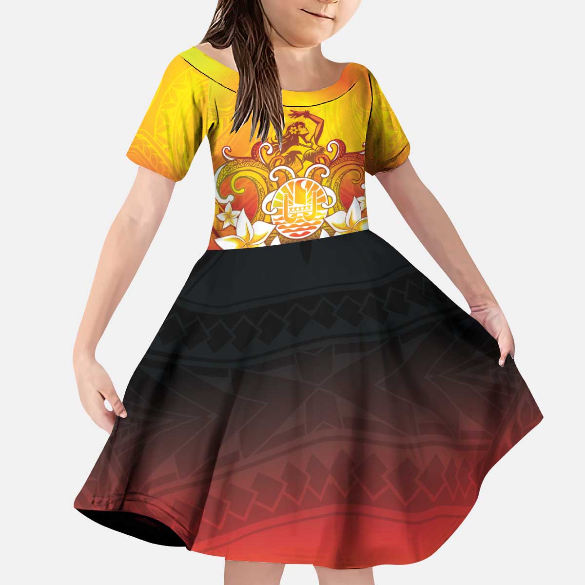 Tahiti Heiva Festival Kid Short Sleeve Dress Tahitian Vahine Plumeria Flowers