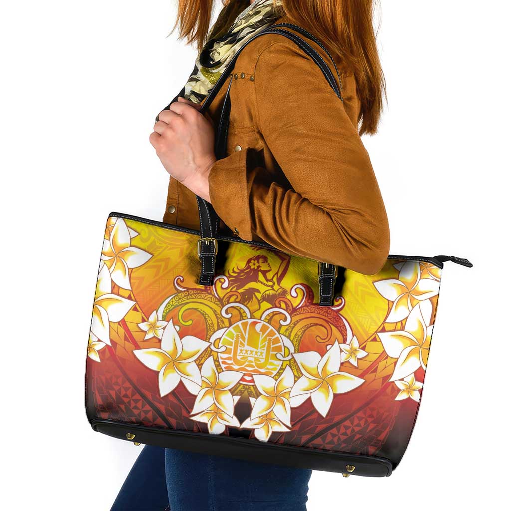 Tahiti Heiva Festival Leather Tote Bag Tahitian Vahine Plumeria Flowers LT05 Yellow - Polynesian Pride
