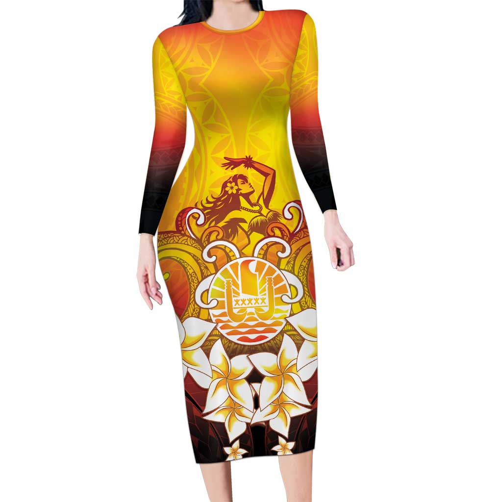 Tahiti Heiva Festival Long Sleeve Bodycon Dress Tahitian Vahine Plumeria Flowers LT05 Long Dress Yellow - Polynesian Pride