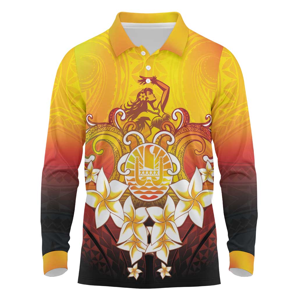 Tahiti Heiva Festival Long Sleeve Polo Shirt Tahitian Vahine Plumeria Flowers