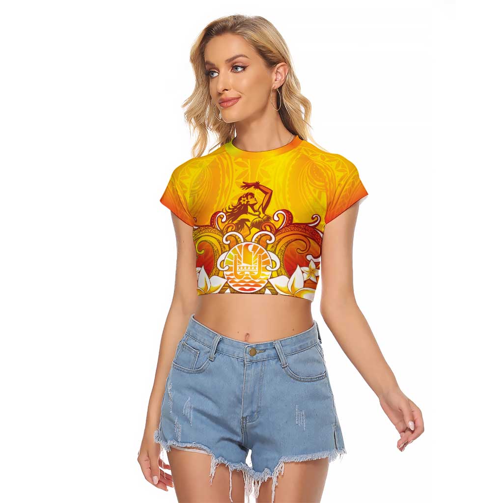Tahiti Heiva Festival Raglan Cropped T Shirt Tahitian Vahine Plumeria Flowers LT05 Female Yellow - Polynesian Pride