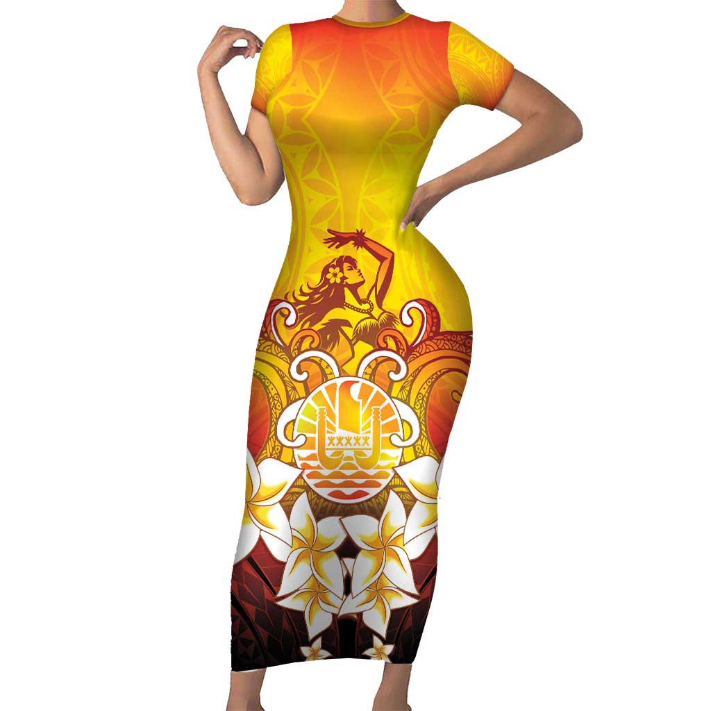 Tahiti Heiva Festival Short Sleeve Bodycon Dress Tahitian Vahine Plumeria Flowers LT05 Long Dress Yellow - Polynesian Pride