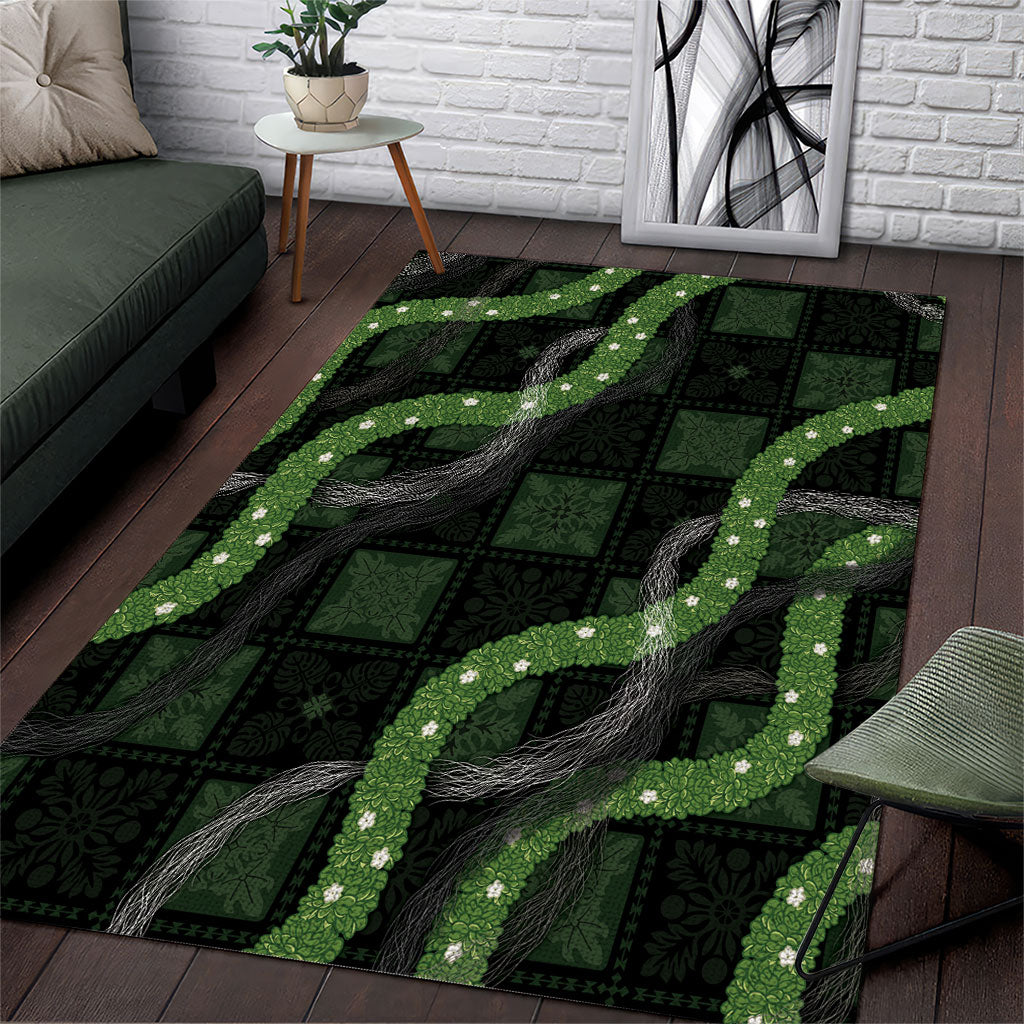 Hawaiian Quilt Area Rug Pele Hair Hinahina Lei Black Version