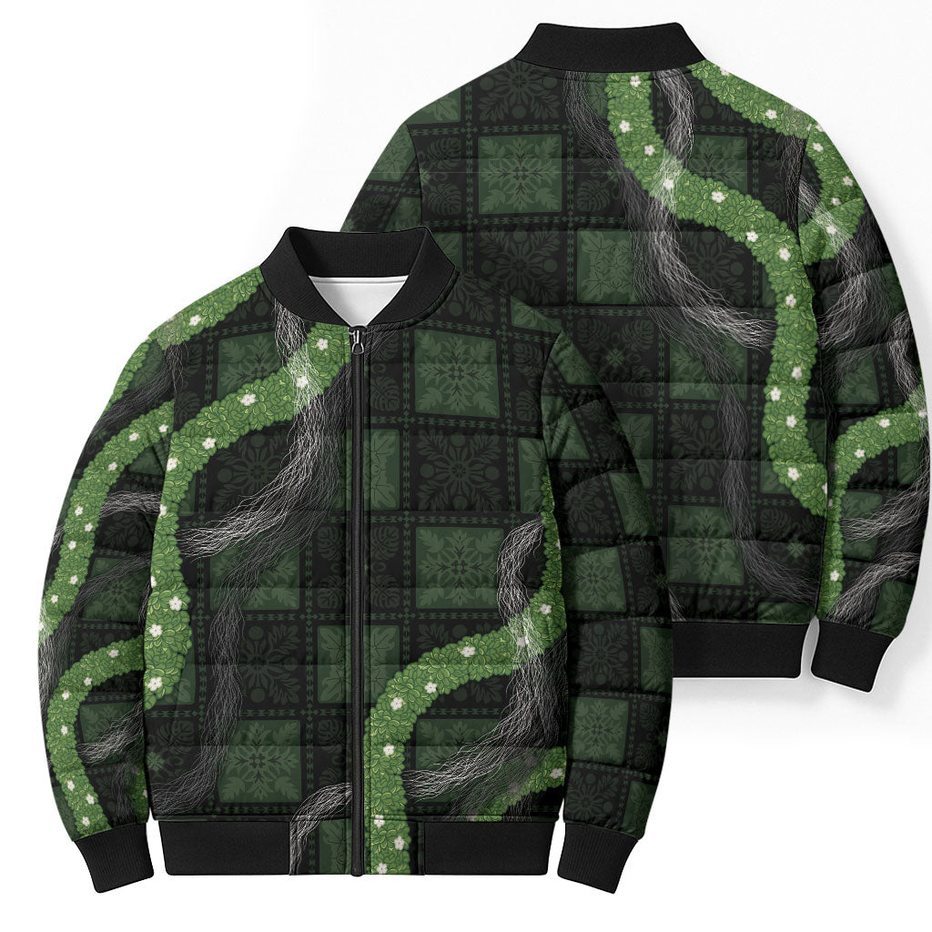 Hawaiian Quilt Bomber Puffer Jacket Pele Hair Hinahina Lei Black Version